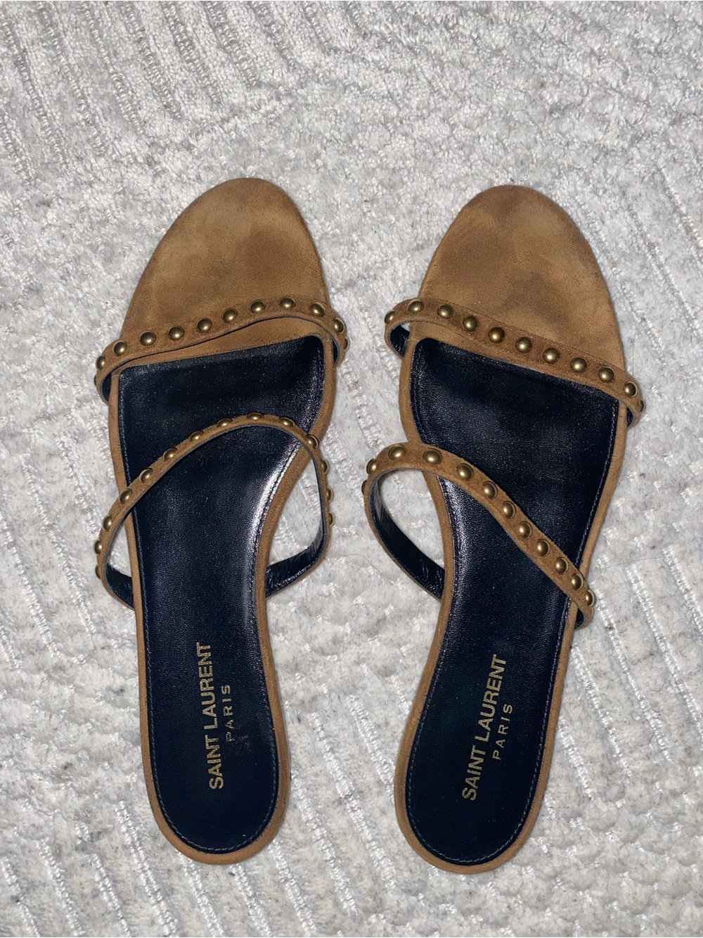 SAINT LAURENT Kiki Brown Suede Gold Studded Sandal